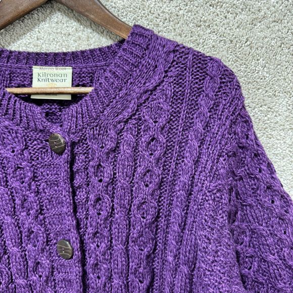 Kilronan Knitwear 100% Pure New Wool Cardigan Large Purple Chunky Knit Sweater - Picture 5 of 10